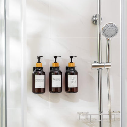 VITVITI Shampoo and Conditioner Dispenser 3 Chamber for Shower Wall, White | Refillable Body Wash Shower Soap Dispenser Wall Mounted, Drill Free 17oz Plastic Shower Bottles for Bathroom, Set of 3