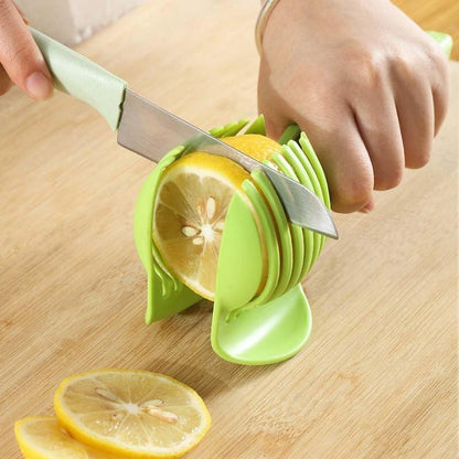 Tomato Slicer Holder, Fruit Cutting Guide Tool, Onion Lemon Potato Slicer, Safe Hand Guard Kitchen Tool with Handle, Even Slice Cutter (Green)