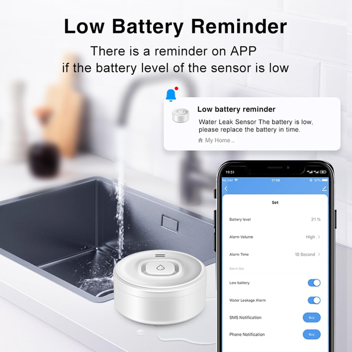Smart Water Leak Detector: WiFi Water Sensor with APP Push Notifications and Sound Alarm, Water Leakage and Low Water Level Monitoring, Compatible with Alexa, Google Home, Suit for Basement, Kitchen