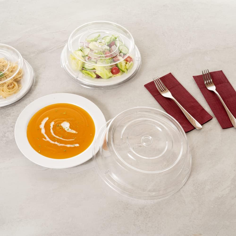 Restaurantware Cater Tek 11 Inch Polycarbonate Plate Cover 1 Shatterproof Dish Cover - Microwavable Endures Up To 210F Clear Plastic Splatter Cover With Finger Hole For 11 Inch Plates