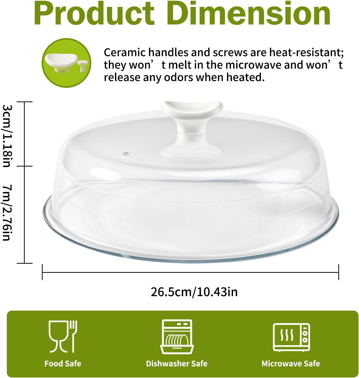 10.4IN Glass Microwave Splatter Cover for Food with Ceramic Handle & Screw | Non Plastic Microwave Cover with Vent Hole, BPA Free, Dishwasher Safe