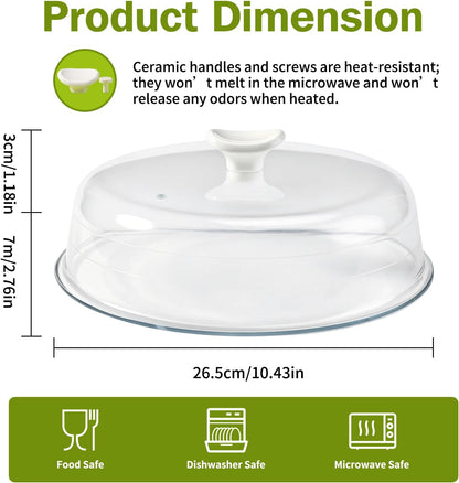 10.4IN Glass Microwave Splatter Cover for Food with Ceramic Handle & Screw | Non Plastic Microwave Cover with Vent Hole, BPA Free, Dishwasher Safe