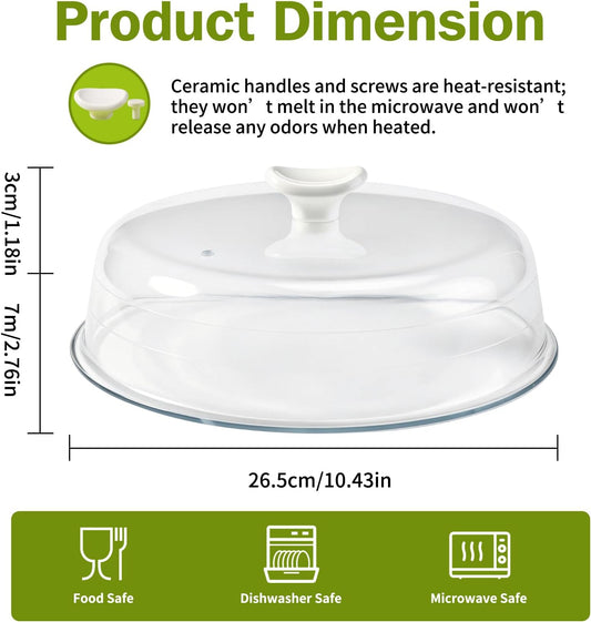 10.4IN Glass Microwave Splatter Cover for Food with Ceramic Handle & Screw | Non Plastic Microwave Cover with Vent Hole, BPA Free, Dishwasher Safe