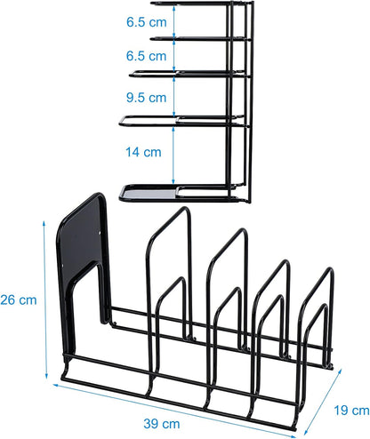 Toplife Heavy Duty Pan Organizer, 5 Tier Pot and Pan Organizer Rack for Cast Iron Skillets, Griddles and Pots - Sturdy Steel Construction- No Assembly Required - Black