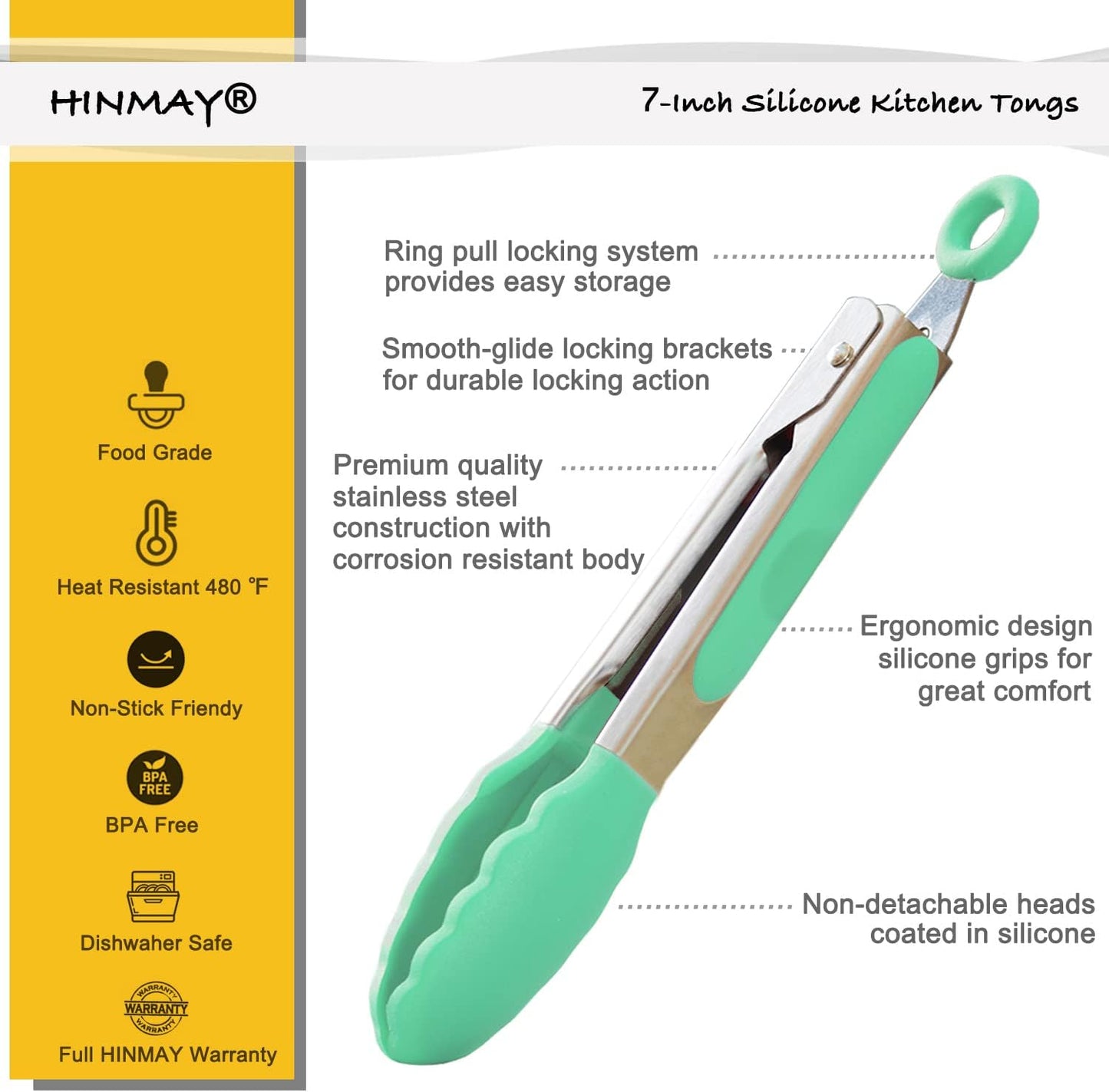 HINMAY Mini Tongs with Silicone Tips 7-Inch Serving Tongs, Set of 3 (Red Blue Green)