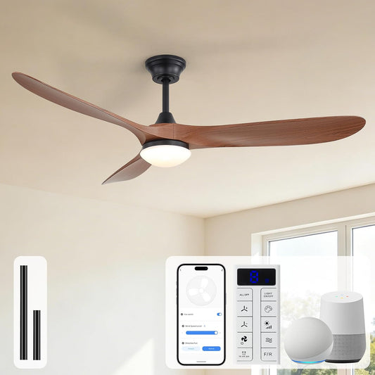 Sofucor 60 Inch Smart Wood Ceiling Fan No Light-Downrod Mount, Natural Wood | Alexa/App/Remote Control, Without Light, Quiet Reversible DC Motor, Timer, Indoor/Covered Outdoor/Bedroom/Living Room/Patio - Colors A
