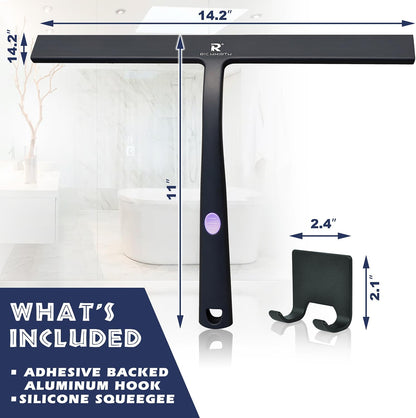 12 Inch Silicone Shower Squeegee for Glass Doors with Microfiber Cloth & Hook, Streak-Free Window Cleaner for Bathroom Mirror Tile Car, No-Scratch Squeegee with Rustproof Metal Core (Black)