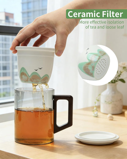 Tea Mug with Infuser and Lid for Loose Leaf Tea, Premium Glass Cup with Ergonomic Wooden Handle, Embossed Oriental Mountain Ceramic Strainer, Unique Gift for Tea Lovers Men Women Black