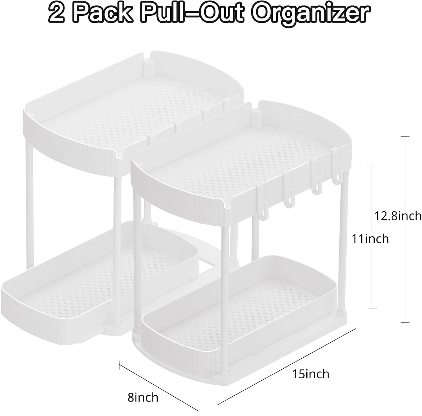 2 Packs Under Sink Pull-Out Storage Organizers, 12.8 Inches, Black | Multi-Purpose Cabinet Organizers and Storage for Bathroom & Kitchen