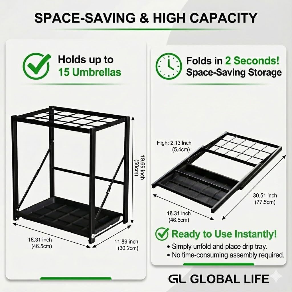 Folding Umbrella Storage Stand Rack Holder Organizer Free Standing Industrial Umbrella Rack for Entryway Home Commercial Office Hotel Entry Hallway Patio Décor with Removable Drip Tray