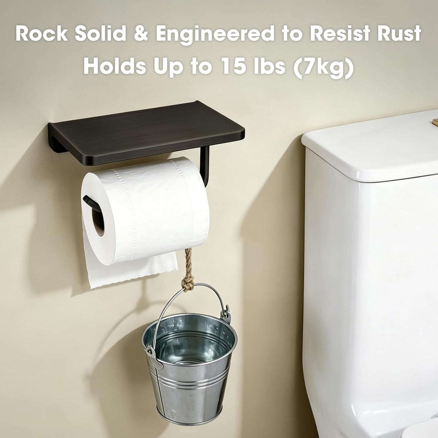 TRUSTMI Toilet Paper Holder with Phone Shelf, Zinc Alloy, Brushed Gold | Solid zinc alloy holder holds 15 lbs and fits jumbo rolls. Shelf stores phones and wipes for easy bathroom organization