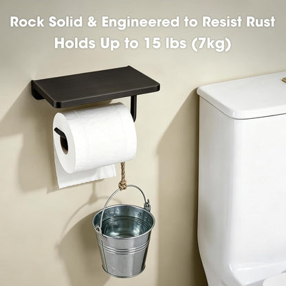 TRUSTMI Toilet Paper Holder with Phone Shelf, Zinc Alloy, Brushed Gold | Solid zinc alloy holder holds 15 lbs and fits jumbo rolls. Shelf stores phones and wipes for easy bathroom organization