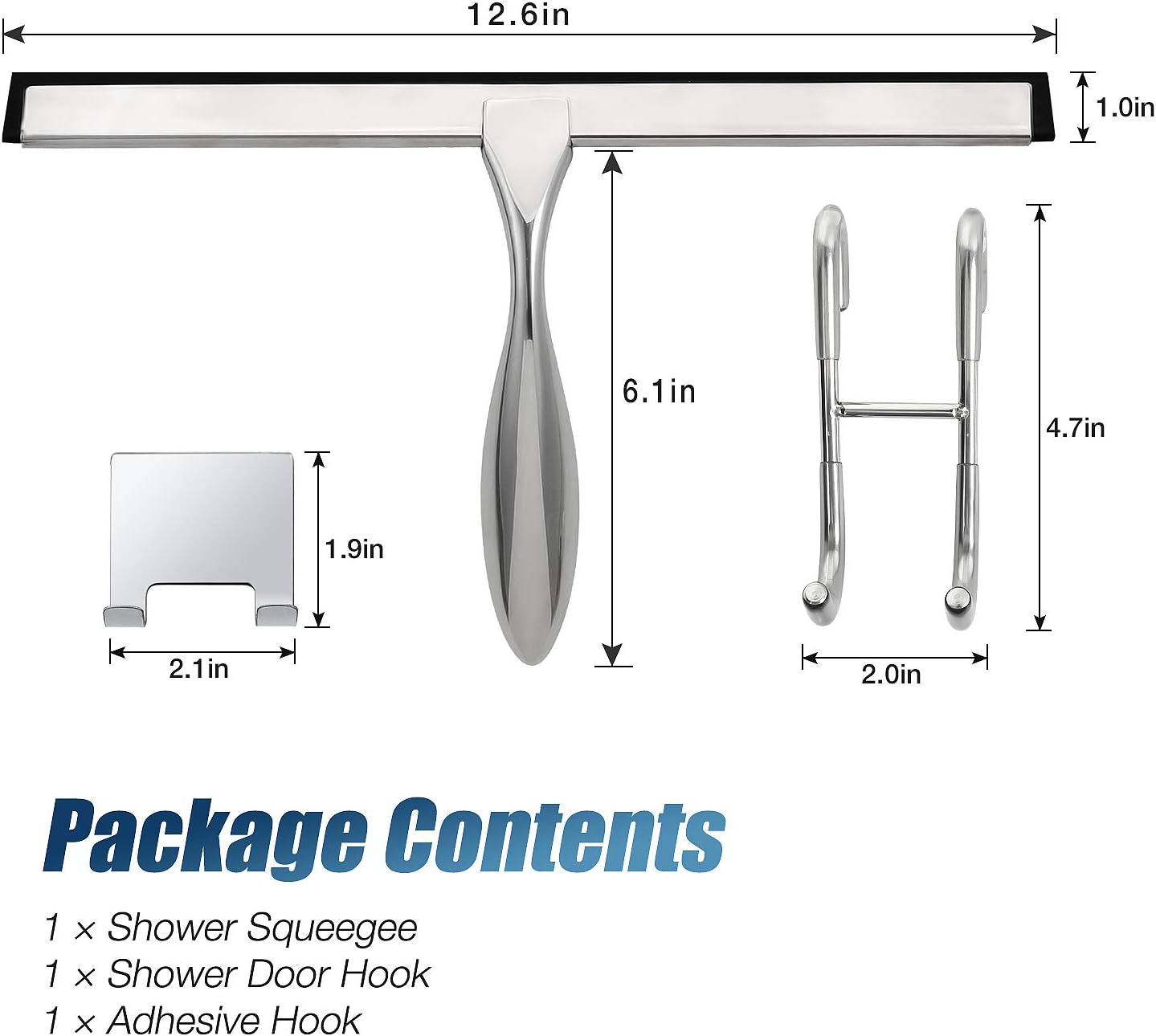 12-Inch Shower Squeegee Set, Includes Shower Door Hook and Adhesive Hook, Squeegee for Shower Doors, Mirror and Window, Silver