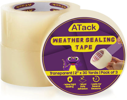 ATack Transparent Window Weather Sealing Tape, 2-Inch x 30 Yards, Clear Window Draft Isolation Sealing Film Tape- No Residue, Surface-Safe, Wood-Safe, Removes Cleanly