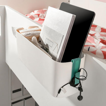Bedside Caddy for Dorm Bed, Plastic Bedside Hanging Organizer with Side Hooks, Bedside Shelf for Phone Glasses Bottle Office Supplies in Dorm Room RV, Bunk and Hospital Bed Rails
