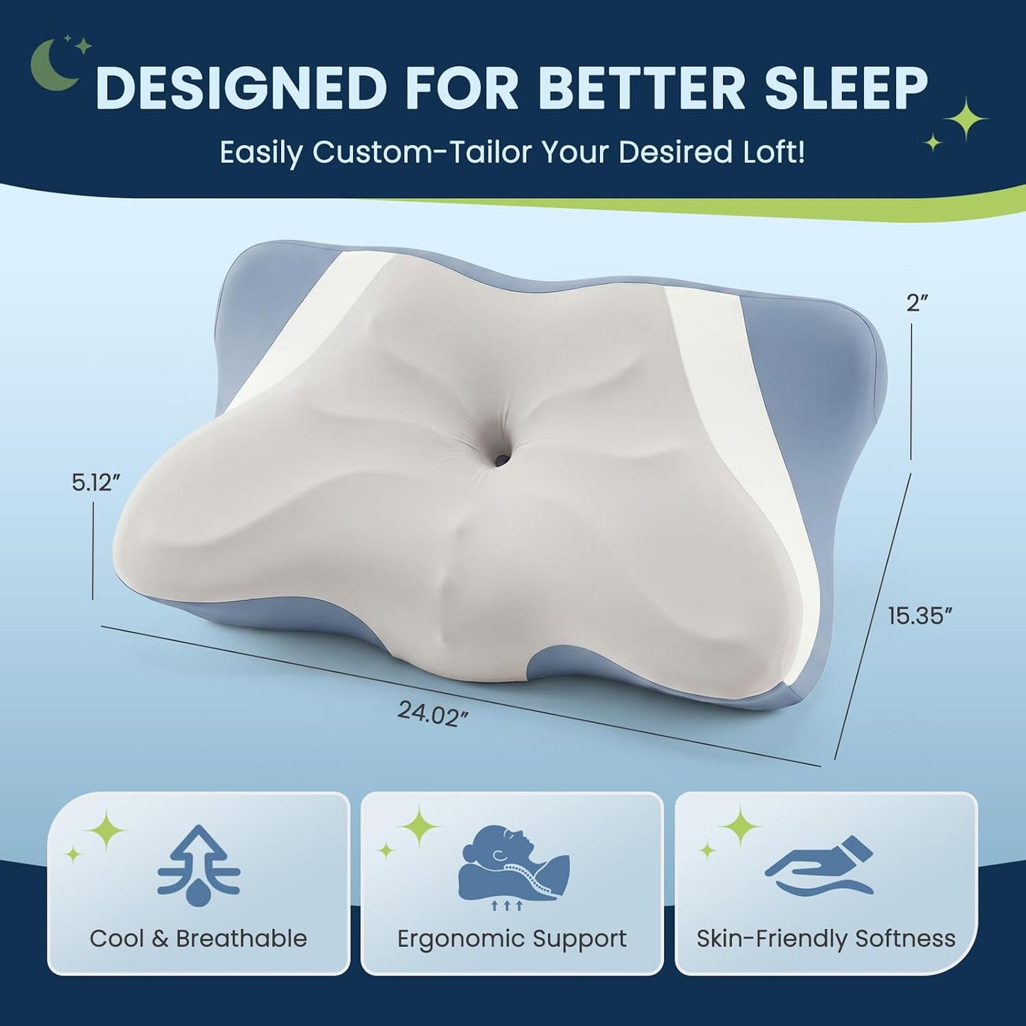 Sweetcrispy Cervical Pillow for Neck and Shoulder - Ergonomic Memory Foam Pillows, Contour Side Sleeper for Adults, Cooling Orthopedic Neck Support for Back Stomach Sleepers, White