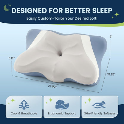 Sweetcrispy Cervical Pillow for Neck and Shoulder - Ergonomic Memory Foam Pillows, Contour Side Sleeper for Adults, Cooling Orthopedic Neck Support for Back Stomach Sleepers, White