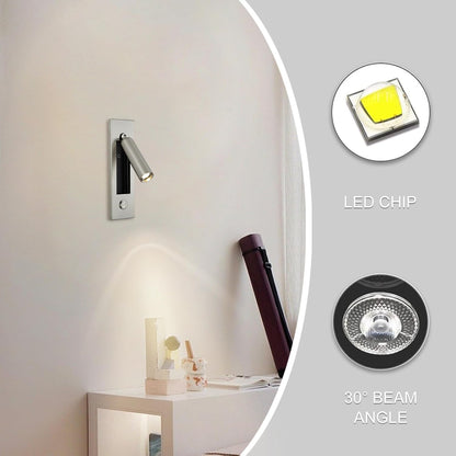 LED Bedroom Lamp Headboard Wall Light Sconce, Bedside Reading Light Recessed Push Switch Wall Lamps, Hotel Bed Side Decorative Wall Sconces Spotlight, 360° Rotatable 92° Foldable (Brass+Black)