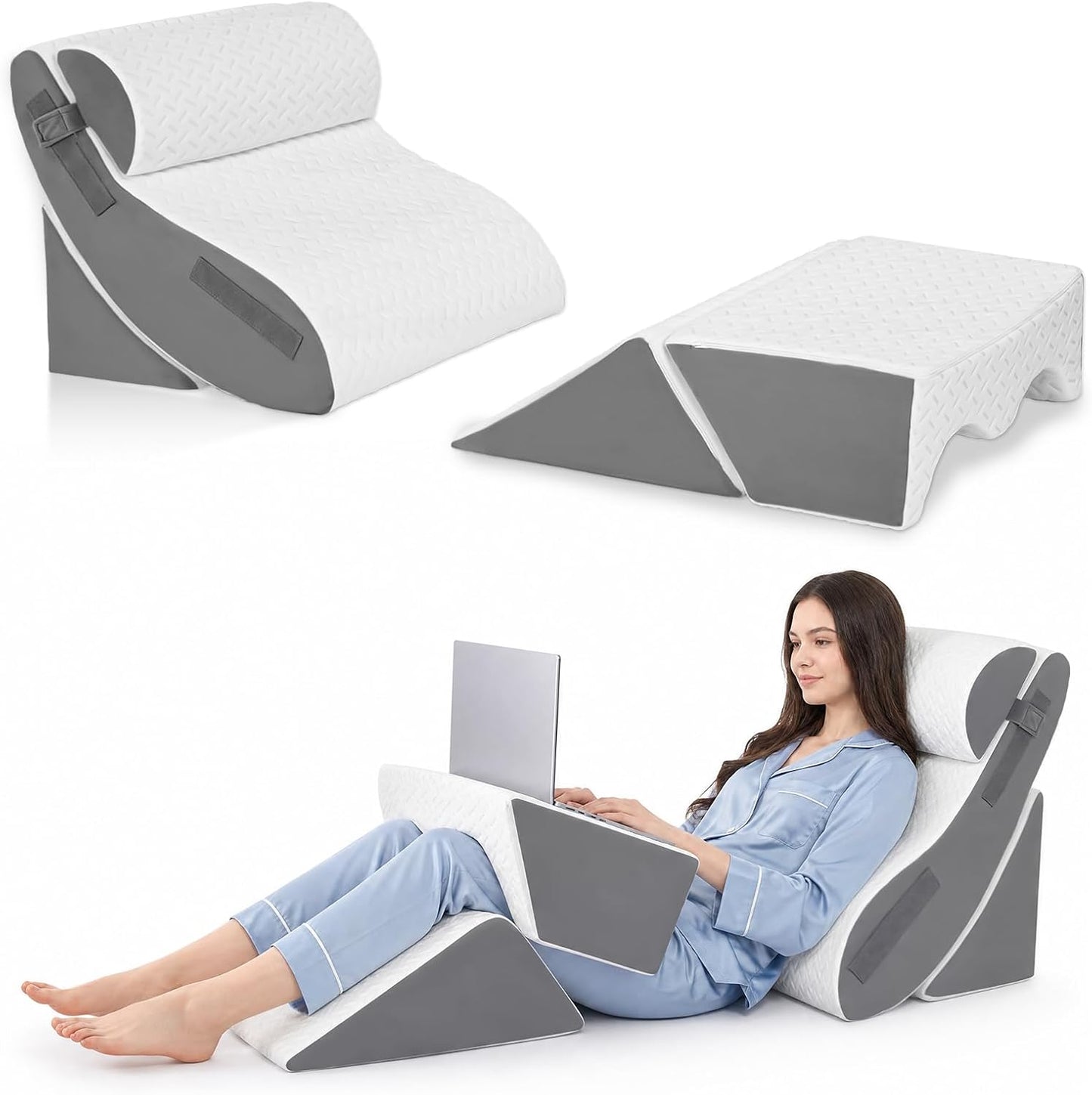 5PCS Wedge Pillow Set for After Surgery, Adjustable Orthopedic Foam Bed Wedge Pillow for Acid Reflux, GERD & Heartburn Relief, Back & Leg Elevation Support for Sleeping & Sitting Up, White Grey