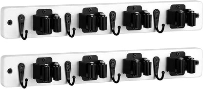 Lorbro 2 Pack Broom Holder Wall Mount, Wooden Rack with 4 Slot & 4 Hook | Broom and Mop Organizer Wall Hanging, Tool Organizer for Laundry Room, Closet, Garage, Kitchen