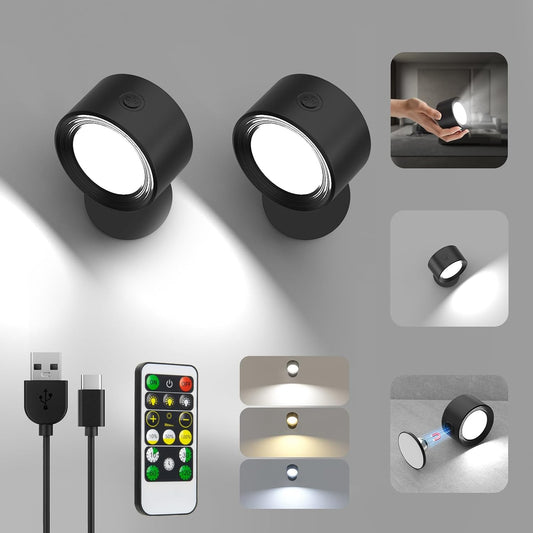 Racokky LED Wall Lights 2 Pcs with Remote, Wall Sconces Lighting 3000mAh Rechargeable Battery Operated, 3 Color Temperatures & Dimmable Magnetic 360° Rotation Cordless Lamp for Bedroom Hallway(Black)