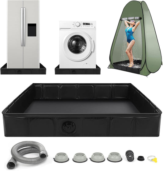 Large Washing Machine Pan with Anti-Vibration Feet 31" x 31" Foldable | Waterproof Under Washer and Dryer Drain Pan Floor Protector 4.7" Raised Edge Mat for Sudden Water Leakage Black