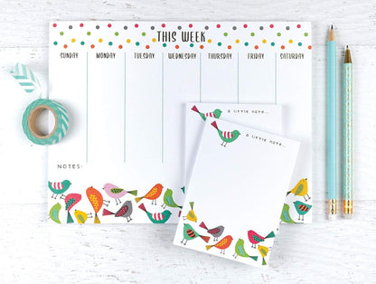 Weekly Calendar Planner Note Pad - Bright Birds with Attachable Magnet