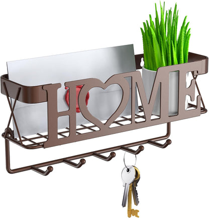 Key Holder for Wall - Key Rack with 5 Key Hooks, 11.02" L×2.75" W×4.92" H, Key and Mail Organizer Wall Mount with Mesh Basket, Key Hanger for Wall, Entryway, Home Decor(Matte Black)