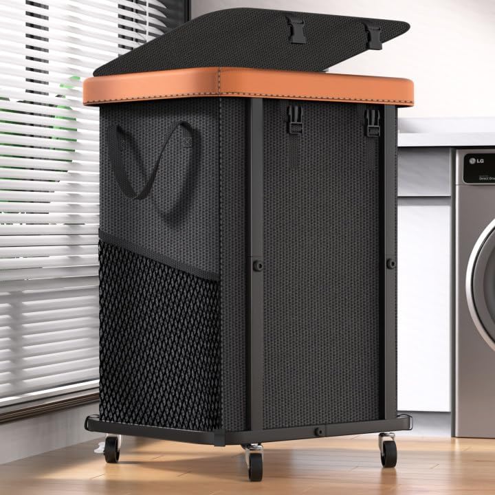 Laundry Hamper with Wheels,150L Leather Patchwork Clothes Hamper Black | Rolling Laundry Basket with Sturdy Metal Frame, Removable Washable Bag,Tall Clothes Sorter for Bedroom, Laundry Room, Dorm