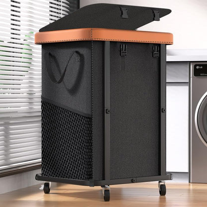Laundry Hamper with Wheels,150L Leather Patchwork Clothes Hamper Black | Rolling Laundry Basket with Sturdy Metal Frame, Removable Washable Bag,Tall Clothes Sorter for Bedroom, Laundry Room, Dorm