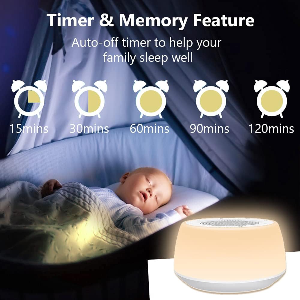 White Noise Machine with Night Lights, Sleep Sound Machine 32 Soothing Sounds for Baby Adults Kids Sleeping, Fan Wave Sound Lullaby, Timer and Memory Feature, RGB Color Touch Table Lamp