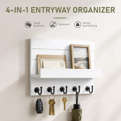 HONJIN Key Holder Wall Mount with Shelf and 5 Sturdy Key Hooks (White) | Key and Mail Holder Wall Mount, Wooden Entryway Organizer and Decorative, Easy Installation, 10*3.8*6.85 Inch