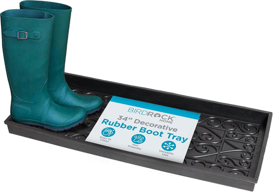 BIRDROCK HOME Rubber Boot Tray | 34 inch Decorative Boot Tray | Waterproof for All Weather Indoor or Outdoor Use | Dog Bowl Tray | Outdoor or Indoor Shoe Mat for Entryway - Shoe Tray with Raised Edge for Boot Storage or Dog Bowl Mat Waterproof Pet Feeding