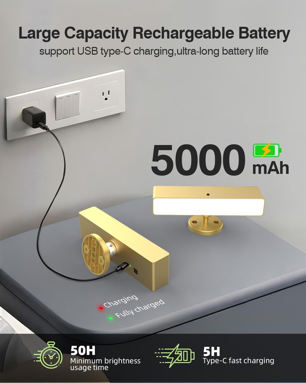 iThird Battery Operated Wall Sconce Set of 2, Gold Rechargeable | Type-C 5V 1A charging, 360° rotation, 3000K/4000K/6000K, remote and button control