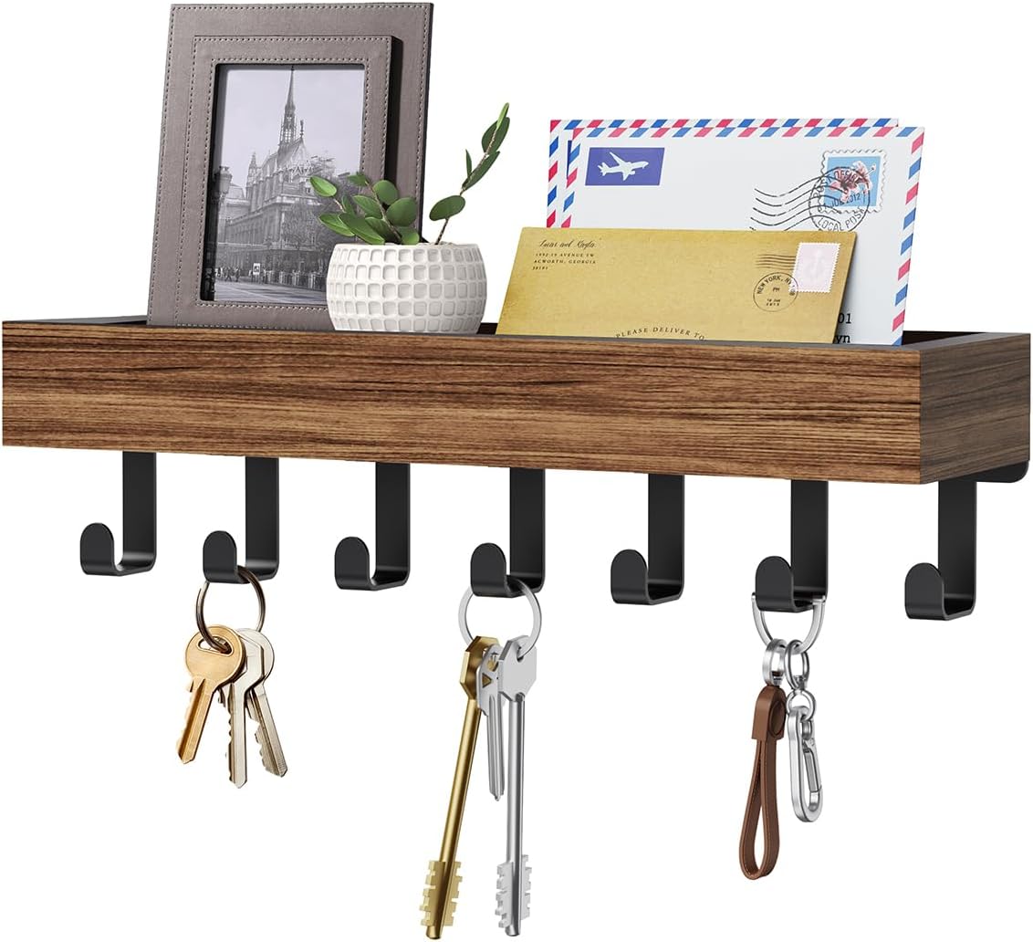 Key Holder Wall Mount Magnetic Adhesive, Key Hooks Rack with Shelf | Key Hanger with Mail Organizer for RV Camper Fridge Living Room Decor, Home Essentials, Black