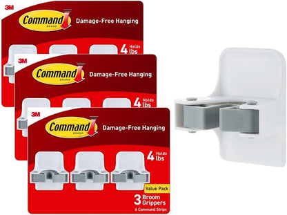 Command Broom and Mop Gripper, 3-Pack, Organize Damage-Free | Damage-Free Hanging Wall Mount Broom and Mop Holder, No Tools Holiday Cleaning Organizer, Holds up to 4 lb