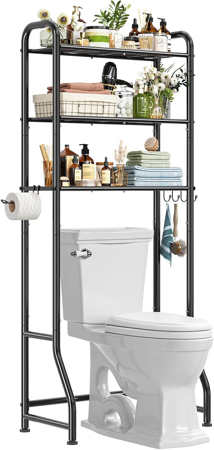 Simple Trending Over The Toilet Storage Cabinet, Metal Bathroom Shelf Organizer with Paper Holder and Hooks, 3 Tier, Black