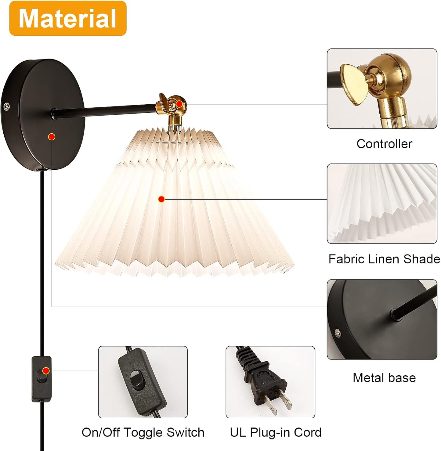 Wall Sconces Plug in, Swing Arm Wall Lamp with Power Cord, White Plug in Wall Lighting Fixtures Set of Two, Bedside Wall Mounted Reading Lamp with Switch, for Bedside Bedroom Hallway