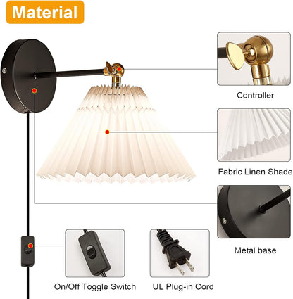 Wall Sconces Plug in, Swing Arm Wall Lamp with Power Cord, White Plug in Wall Lighting Fixtures Set of Two, Bedside Wall Mounted Reading Lamp with Switch, for Bedside Bedroom Hallway