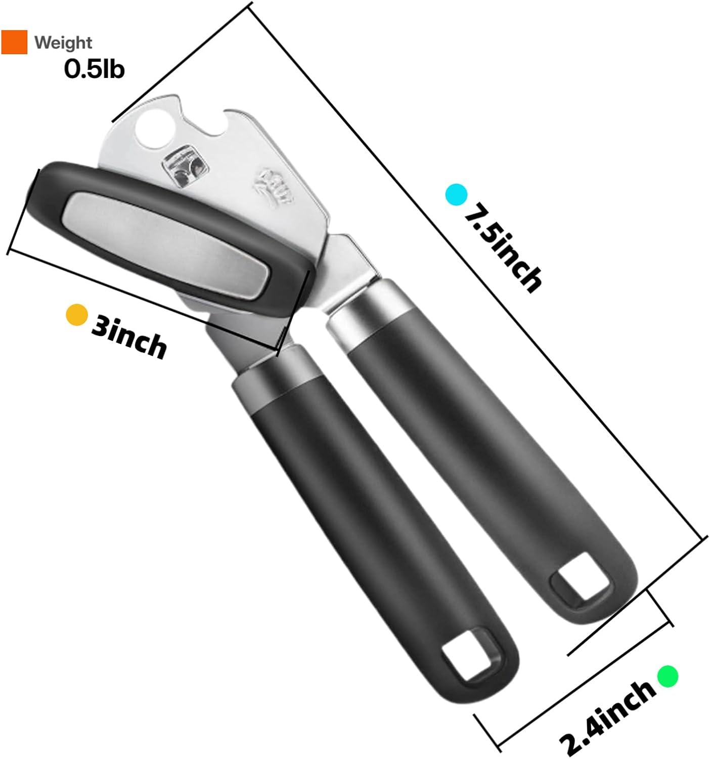 Heavy Duty Manual Can Opener, Stainless Steel, Black | 2-In-1 Can & Bottle Opener, Smooth Edge Sharp Cutting, Soft Oversized Handle, Easy Clean, Multifunctional Kitchen Tool