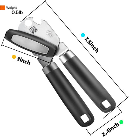 Heavy Duty Manual Can Opener, Stainless Steel, Black | 2-In-1 Can & Bottle Opener, Smooth Edge Sharp Cutting, Soft Oversized Handle, Easy Clean, Multifunctional Kitchen Tool