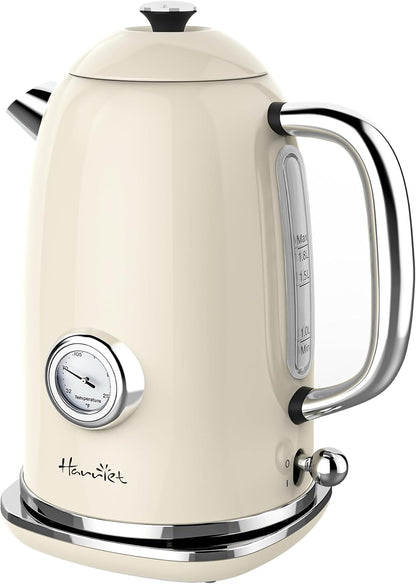 Harriet Electric Kettle, 1.8L Retro Electric Tea Kettle with Thermometer, 1500W Stainless Steel Hot Water Kettle Electric with LED Indicator, Fast Boiling, Cordless, Auto Shut-Off, Yellow