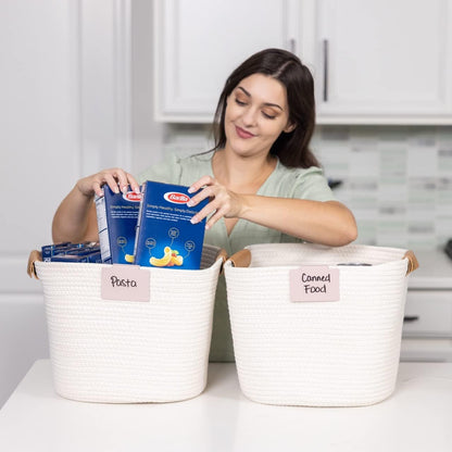 Hygge & Sage: Metal Non-Slip Basket Labels Clip On for Storage Bins, or Wire Racks | Includes 8 Labels, 8 Non-Slip Pads, and 1 Free Marker (Cream)