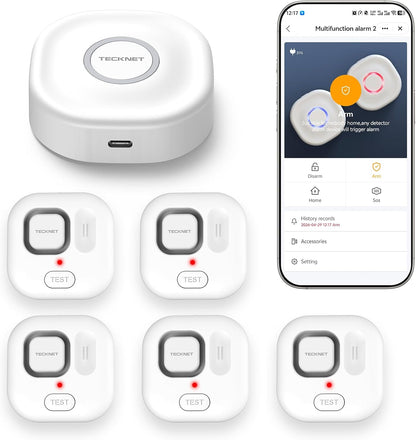 TECKNET Wi-Fi Water Leak Detector Kit, 120dB Smart Water Sensor with APP Push and Sound Alarm, Water Alarm Leak Detector for Home Kitchen Bathroom Basement (5 Sensors + 1 Gateway, Batteries Included)