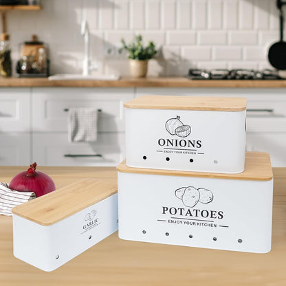 Kitchen Vegetable Storage Set of 3, Metal Onion Garlic Potato Storage Set, Kitchen Canisters Vegetable Keeper Containers with Aerating Holes and Bamboo Lid,Black