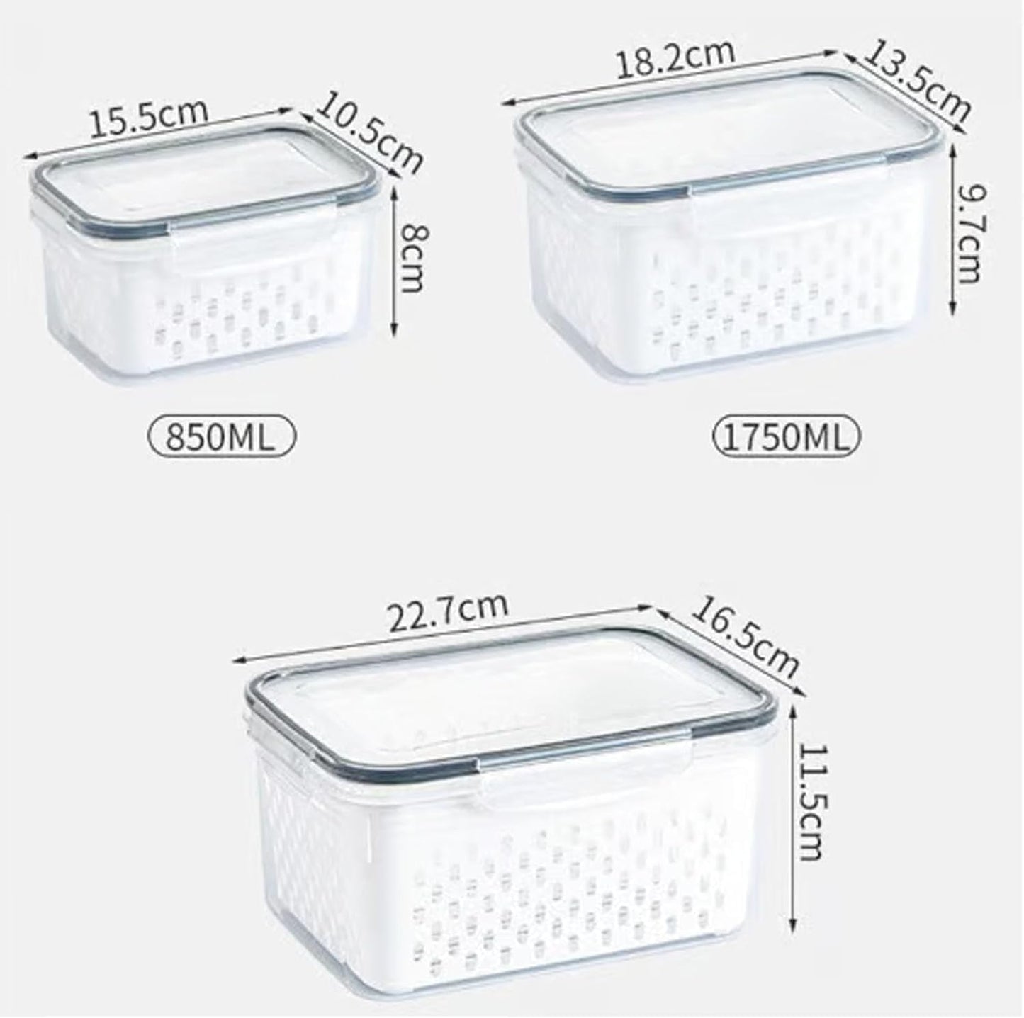4 in 1 Food Storage Container with Lid, 2026 New Fruit Storage Containers for Fridge, Transparent Produce Storage Box with Drain Basket & Removable Colander for Salad Berry Vegetables (Blue, S/M/L)