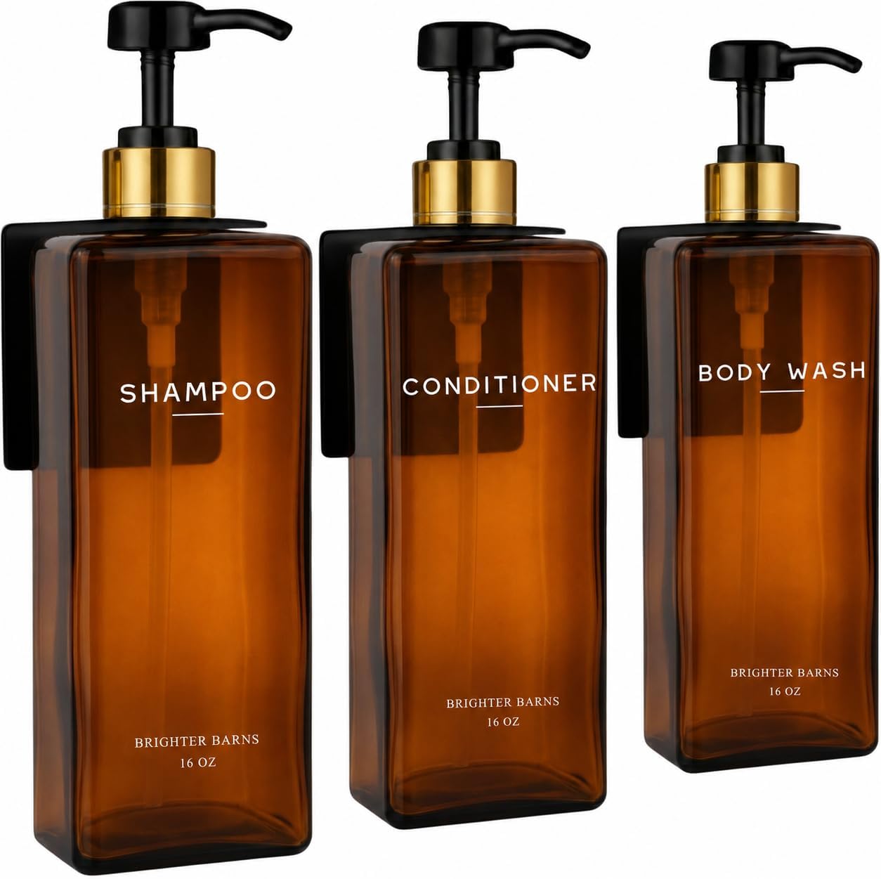 Clear Shampoo and Conditioner Dispenser Set Wall Mounted by Brighter Barns - Refillable Shower Soap Dispensers 3 Chamber No Drill - Plastic Shampoo, Body Wash and Conditioner Bottle for Hotels (Clear)