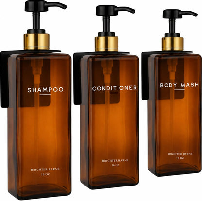 Clear Shampoo and Conditioner Dispenser Set Wall Mounted by Brighter Barns - Refillable Shower Soap Dispensers 3 Chamber No Drill - Plastic Shampoo, Body Wash and Conditioner Bottle for Hotels (Clear)