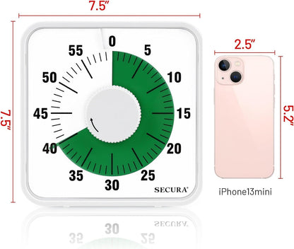 Secura 60-Minute Visual Countdown Timer, 7.5-Inch Oversize Classroom Visual Timer for Kids and Adults, Durable Mechanical Kitchen Timer Clock with Magnetic Backing (Blue)