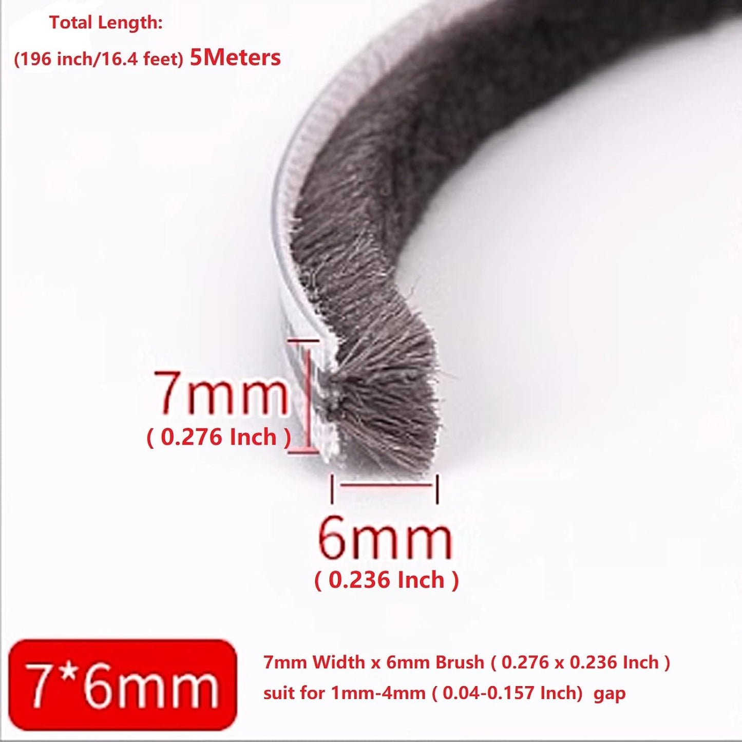 16 Ft (5m) 196 Inch Sliding sash Windows Doors Tape Pile Draught excluder Brush Seal Strip weatherstrip 7mm x 12mm (7/24 1/2 Inch, Gray)